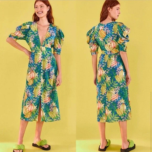 Farm Rio Midi Dress Star Fruit print w Puff Sleeves. Size Medium. - Picture 1 of 10